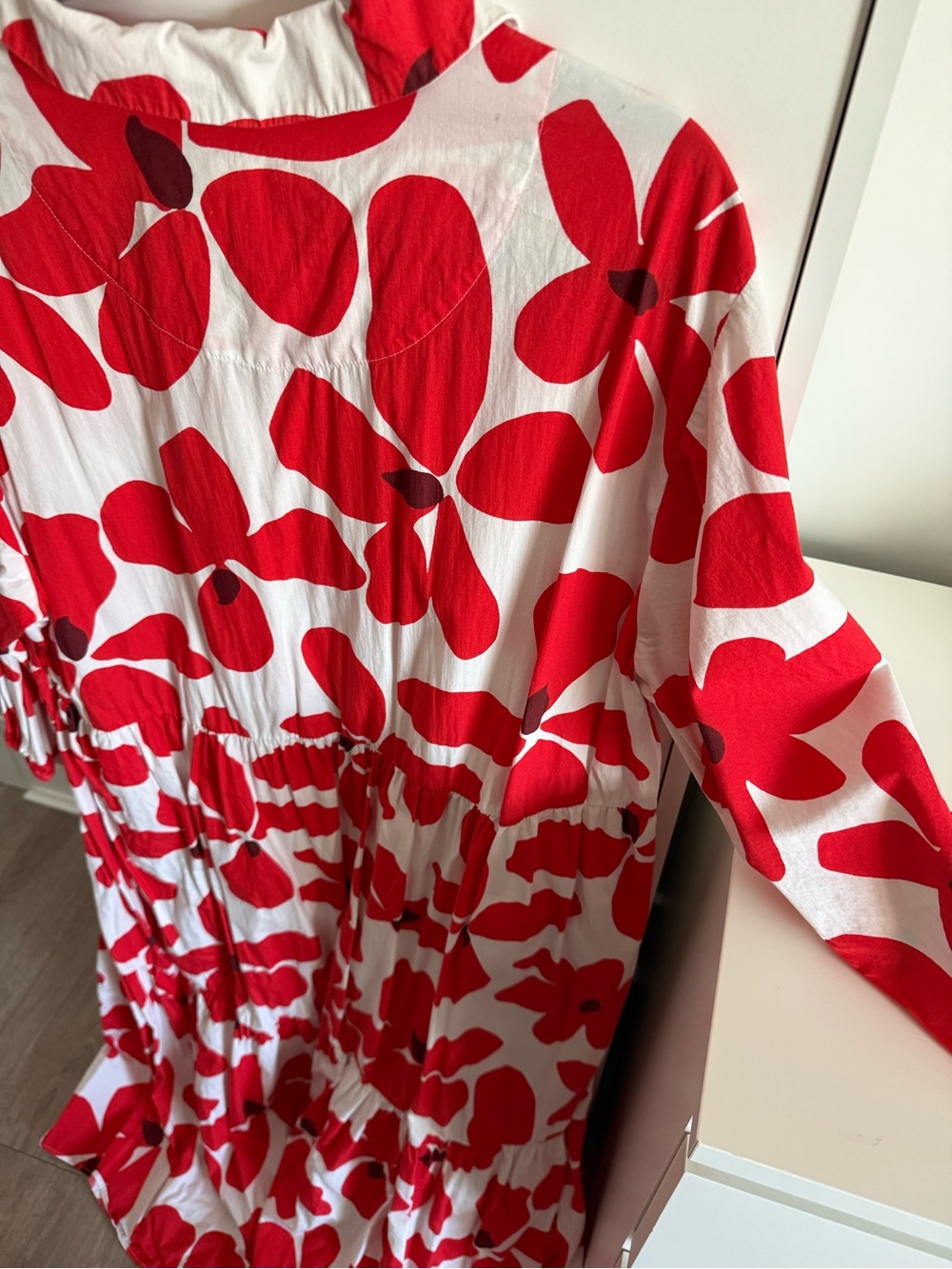 Red & White Floral Tiered Shirt Dress by Anthropologie - Picture 2 of 4